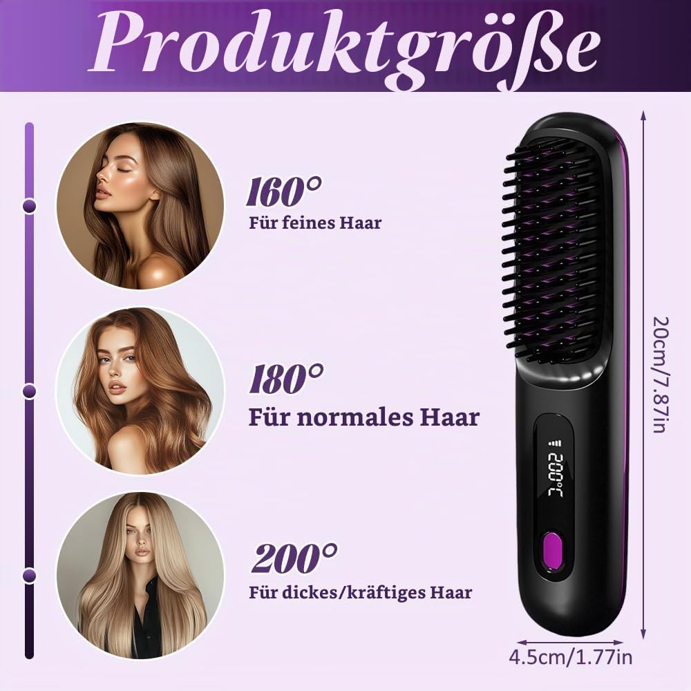 Glättbürste Kabellos, Wiederaufladbar Haarbürste Elektrisch, Tragbare Stylingbürste für Kurze Haare