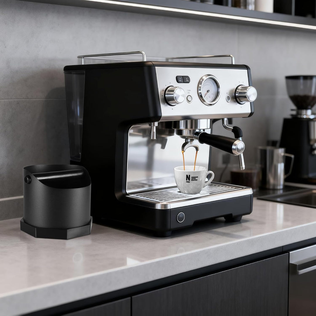 Abklopfbehälter für Siebträger Espresso, 1.6L Edelstahl Kaffee Knock Box mit Abnehmbarer Knock Bar &