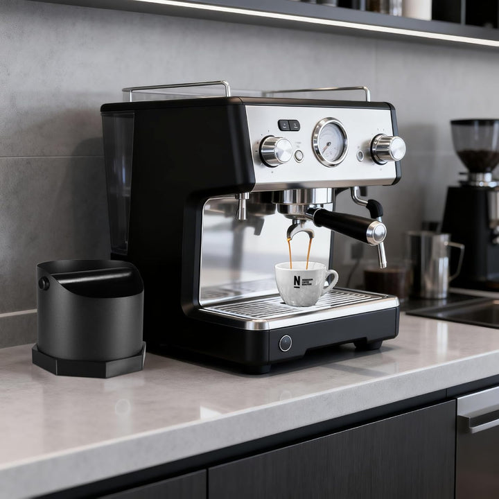 Abklopfbehälter für Siebträger Espresso, 1.6L Edelstahl Kaffee Knock Box mit Abnehmbarer Knock Bar &