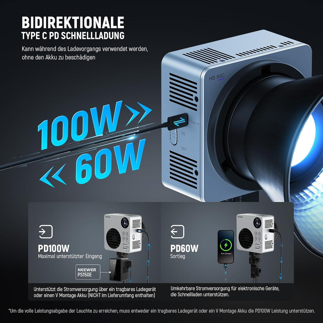 NEEWER 80W RGBWW LED Videoleuchte mit Reflektor und 72Wh Akku, APP/2,4G Steuerung 18 Effekte 10400lu