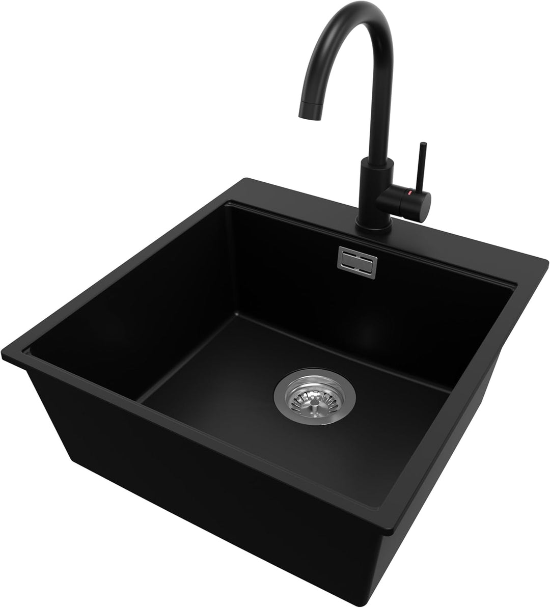 PRIMAGRAN Granitspüle Schwarz 48x50cm, Spülbecken 1 Becken + Ablauf-Set + Küchenarmatur 32x20cm, Küc