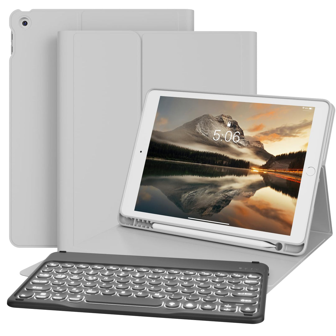 Hülle mit Tastatur für iPad 9/8/7 Generation (2021/2020/2019) 10.2 Zoll Soft TPU Rückschalemit Stift