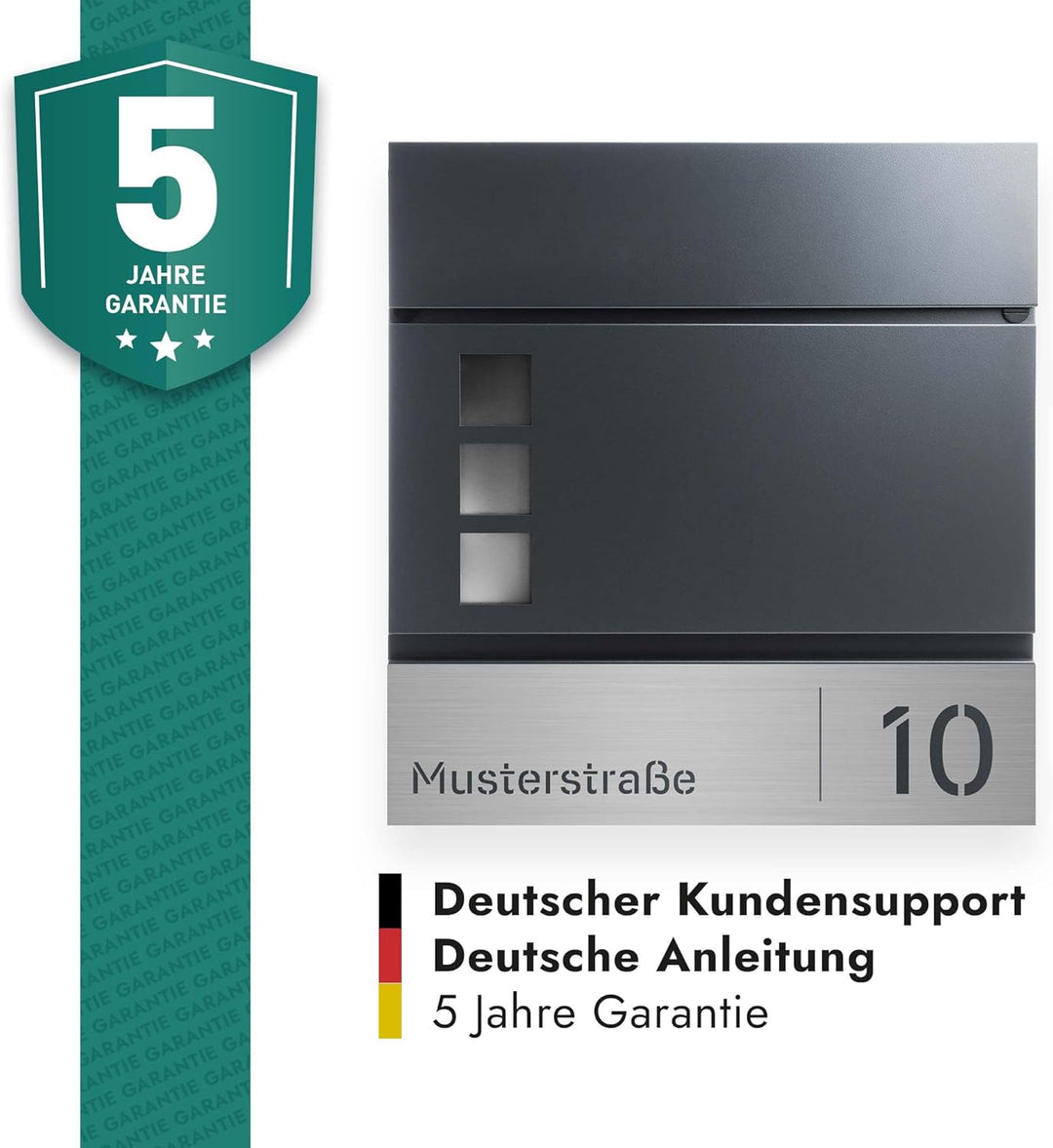 Briefkasten Anthrazit mit Zeitungsfach, Postkasten mit Hausnummer und Strassennamen, Wandbriefkasten