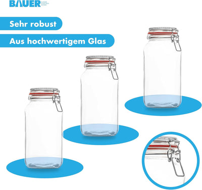 Flaschenbauer- 3 Drahtbügelgläser 2590ml verwendbar als Einmachglas und Fermentierglas, zu Aufbewahr