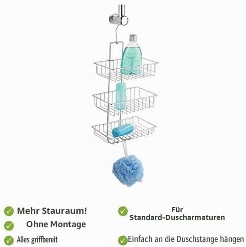 WENKO Duschcaddy 3 Etagen zum Hängen, Duschablage ohne Bohren mit beweglichem Haken, verchromter Sta