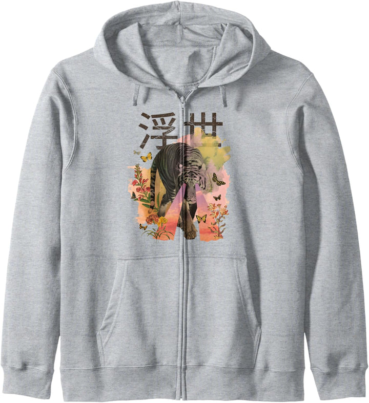 Japanischer Text mit Tiger, Wildblumen-Buchstabe Natur Kapuzenjacke