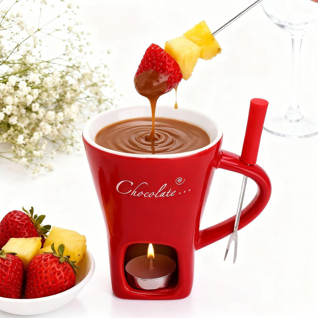 2PCS Schokofondue Tasse Keramik 130ML Schoko Fondue Cup mit Teelichthalter Gabeln Schokoladenfondue