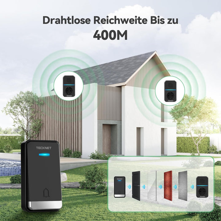 TECKNET Funkklingel Batterielose, Steckdosen Kabellose Türklingel, IP65 Wasserdicht Drahtloses Funk