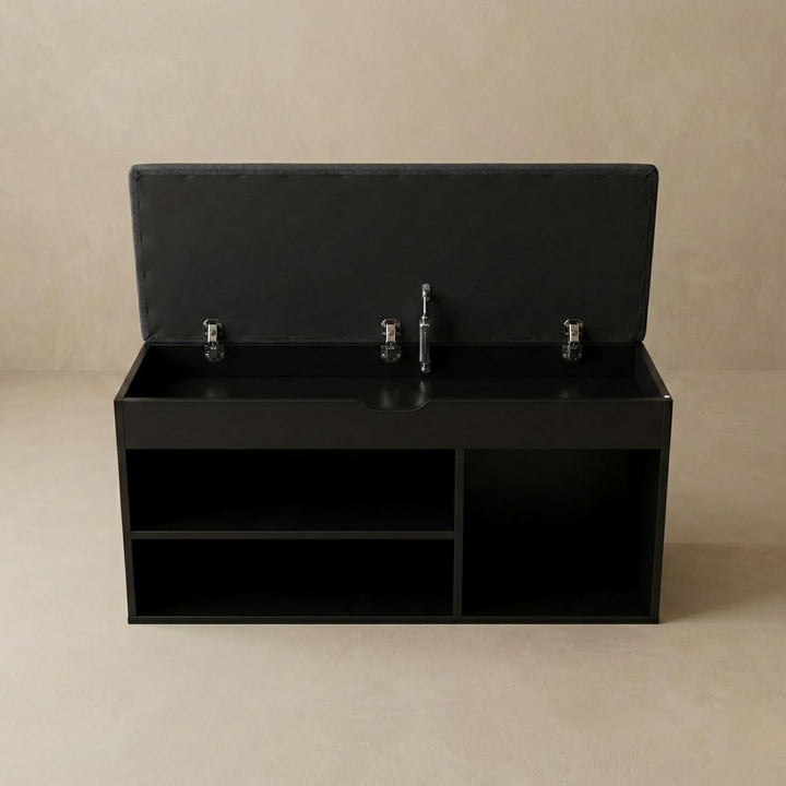 BOXIMO TRIA Schuhschrank mit Sitzbank, MDF und Polyester, 80 x 43 x 30 cm (Schwarz), Schwarz