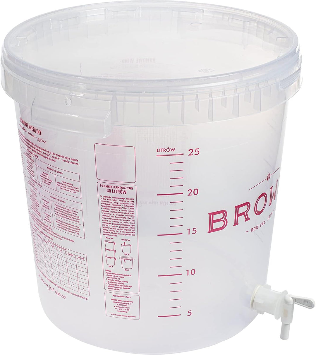 Browin 340439 Durchsichtiger Gärbehälter, 30 L, mit rotierendem Abflusshahn und Deckel - Skala, zur