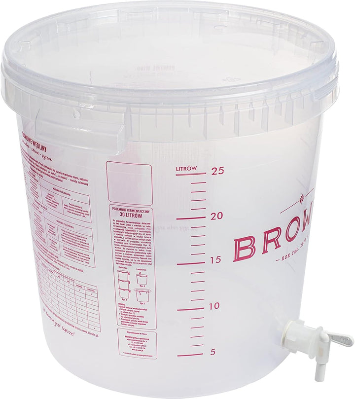Browin 340439 Durchsichtiger Gärbehälter, 30 L, mit rotierendem Abflusshahn und Deckel - Skala, zur
