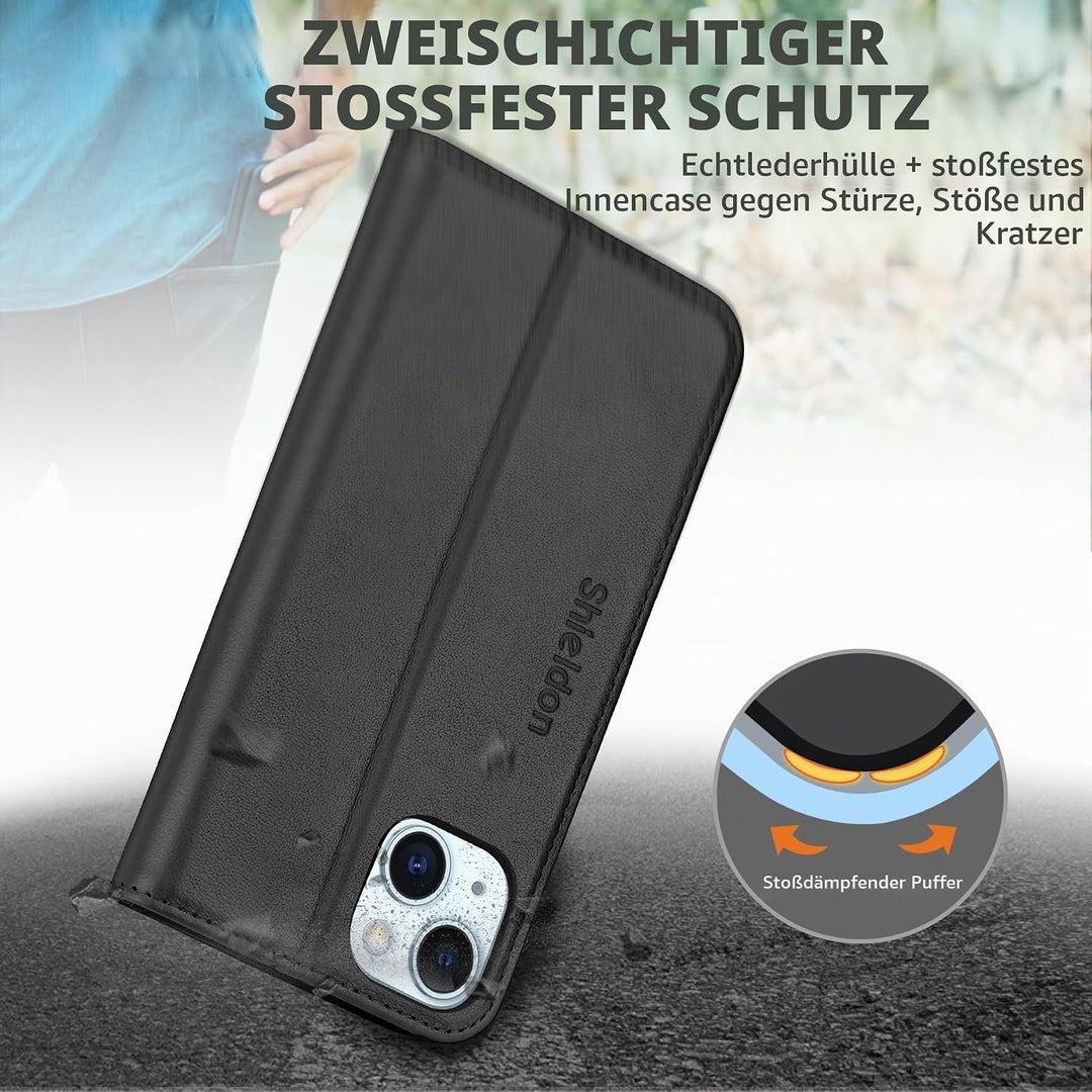SHIELDON Hülle für iPhone 15 Plus, 5G Handyhülle [Echtleder] [Kartenfach] [Magnet] [Standfunktion] [