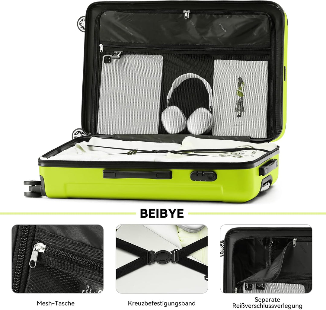 BEIBYE Hartschalen-Koffer Trolley Rollkoffer Reisekoffer Handgepäck 4 Rollen (M-L-XL-Set) (Gruen, Se