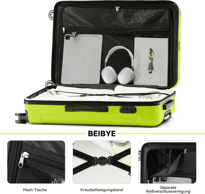 BEIBYE Hartschalen-Koffer Trolley Rollkoffer Reisekoffer Handgepäck 4 Rollen (M-L-XL-Set) (Gruen, Se