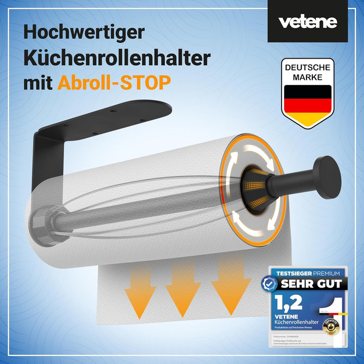 vetene® Küchenrollenhalter ohne Bohren [Einhändig Abreissen] – Edelstahl Schwarz – mit Abroll-Stop –