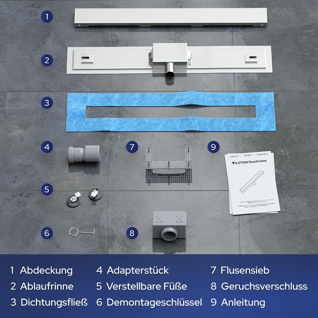 VILSTEIN Duschrinne 160cm, Edelstahl Bodenablauf Komplettset, extra flach, Siphon mit Geruchsstop, H