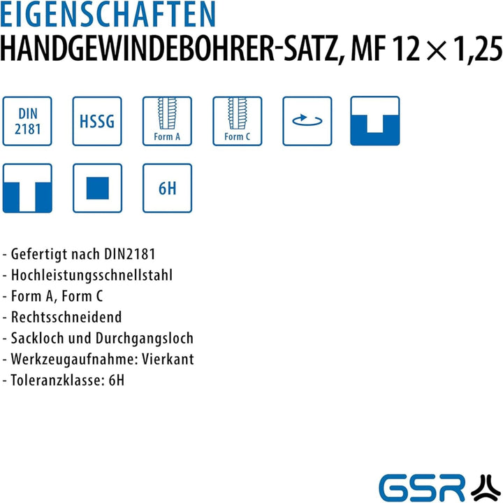 Handgewindebohrer Satz MF12 | 2-teilig | DIN 2181 HSS-G | Gewindeschneider MF 12 x 1,25 | Gewindeboh