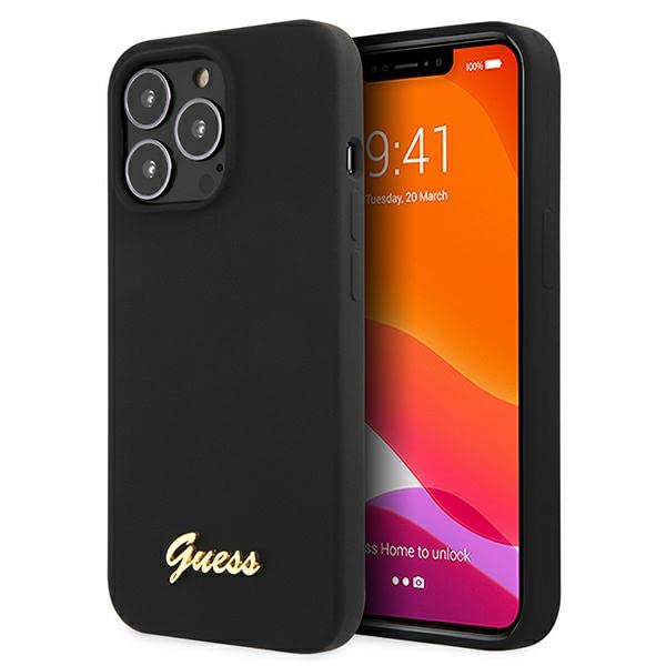 Guess GUHMP13XLSLMGBK Hülle für iPhone 13 Pro Max 6,7" schwarz Silicone Script Gold Logo, GUHCSA22PC