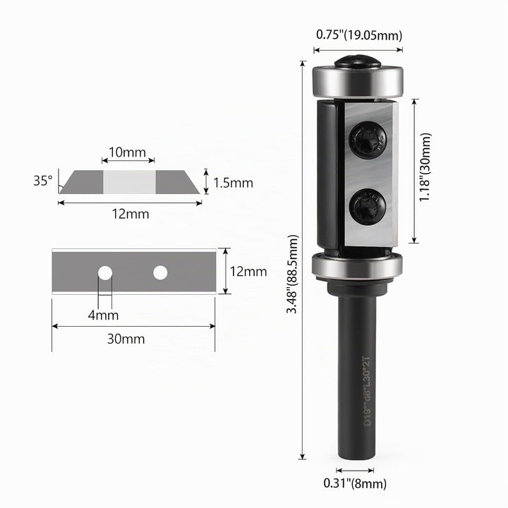 Trvoxviq Wendeplatten Bündigfräser 8mm Schaft, Bündigfräser Oberfräse mit 2-seitigen Austauschbare H