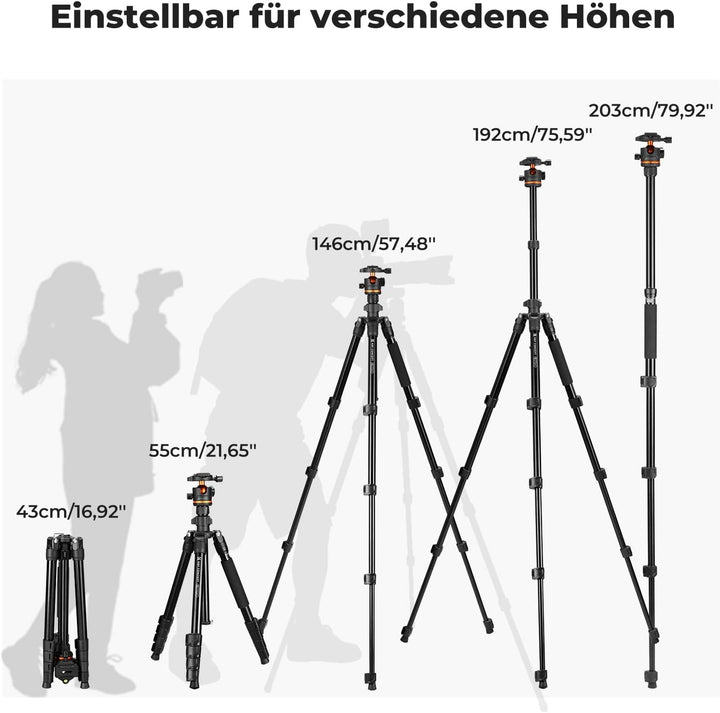K&F Concept Kamera Stativ,192cm Stativ für Smartphone,Stativ Kamera Tripod O275A5+BH-36,Handy Stativ