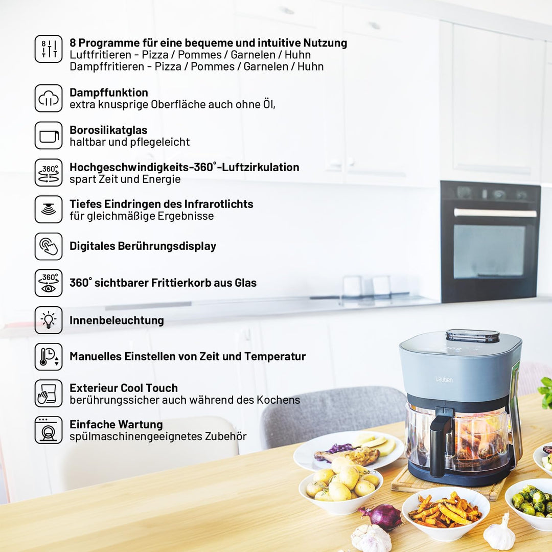 Lauben Glass&Steam Heissluftfritteuse 4500BG Air Fryer mit Glasfrittierkorb, Dampffunktion, 8 Progra