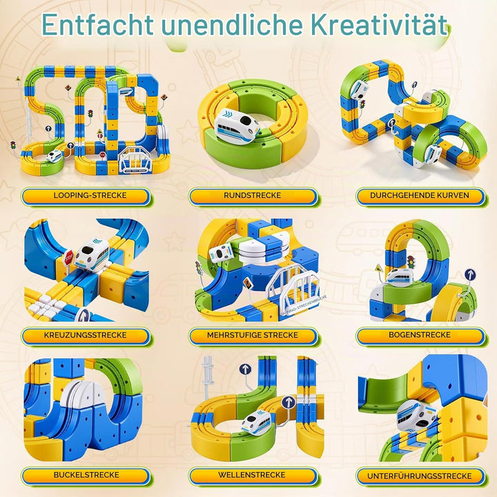 124 Stück Cube Track Set, Elektrische Eisenbahn mit 2 Zügen &amp; 3D Gear Track, DIY Bausteine klick-Sys