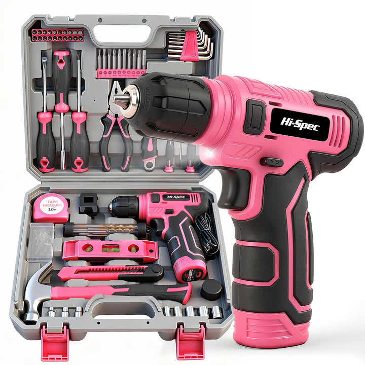 Hi-Spec Pinker Werkzeugkoffer mit Akkuschrauber. 8V USB Akkubohrschrauber, Bit set und Komplettes We