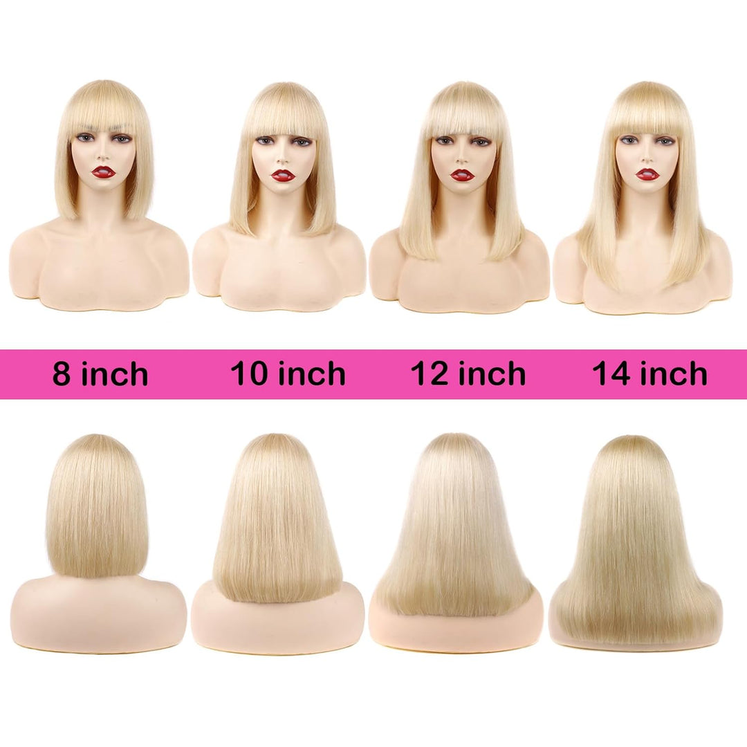 Huarisi 613 Straight Bob Wigs Human Hair with Bangs, 12 Inch Short Blonde Wigs None Lace, 8a Grade B