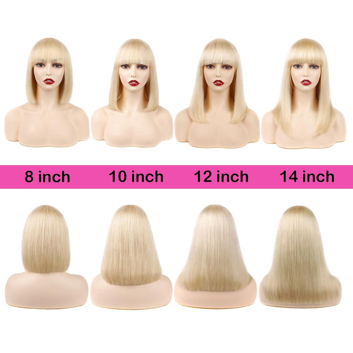 Huarisi 613 Straight Bob Wigs Human Hair with Bangs, 12 Inch Short Blonde Wigs None Lace, 8a Grade B