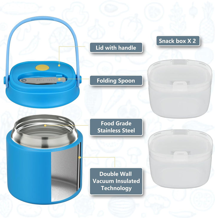 Itslife Thermobehälter für Essen 450ml mit 2pcs Snackbox, Auslaufsicherer Lunchbox Kinder mit Löffel
