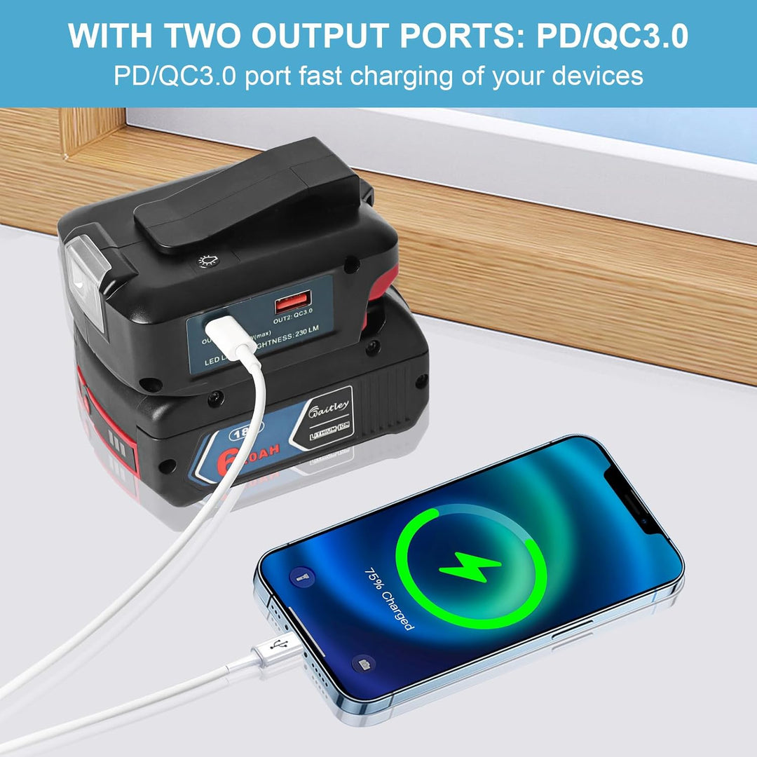 QUPERR USB Ladegerät Adapter für Bosch Professional Akku 18V mit zwei USB-Anschlüssen & DC 12V 3A An