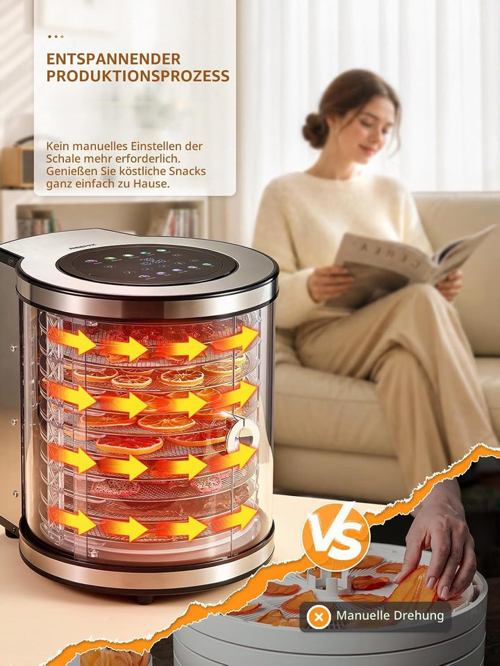 Dörrautomat 10 Etagen Edelstahl mit LCD-Display – Lebensmitteltrockner mit Rotation, 850 W, 35–75 °C
