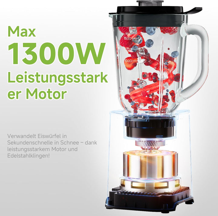Biolomix 3-in-1-Mixer und Smoothie-Maker 1300-W-Standmixer mit 1,5-l-Glasbehälter 3 Geschwindigkeits