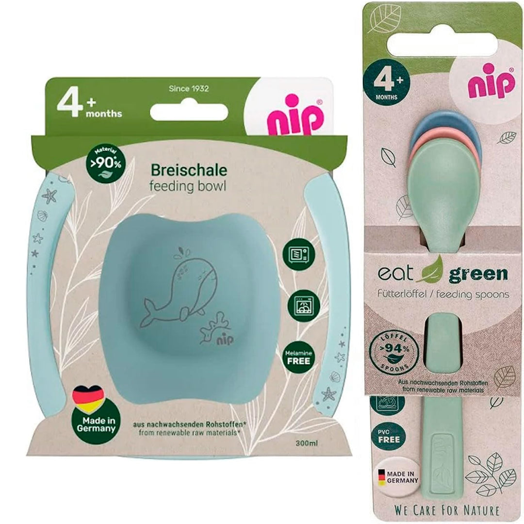 NIP öko bio Geschirrset BOYS ab 4. Monat, 2 Breischale + 3 Eat Green öko bio Babylöffel, Melamin fre