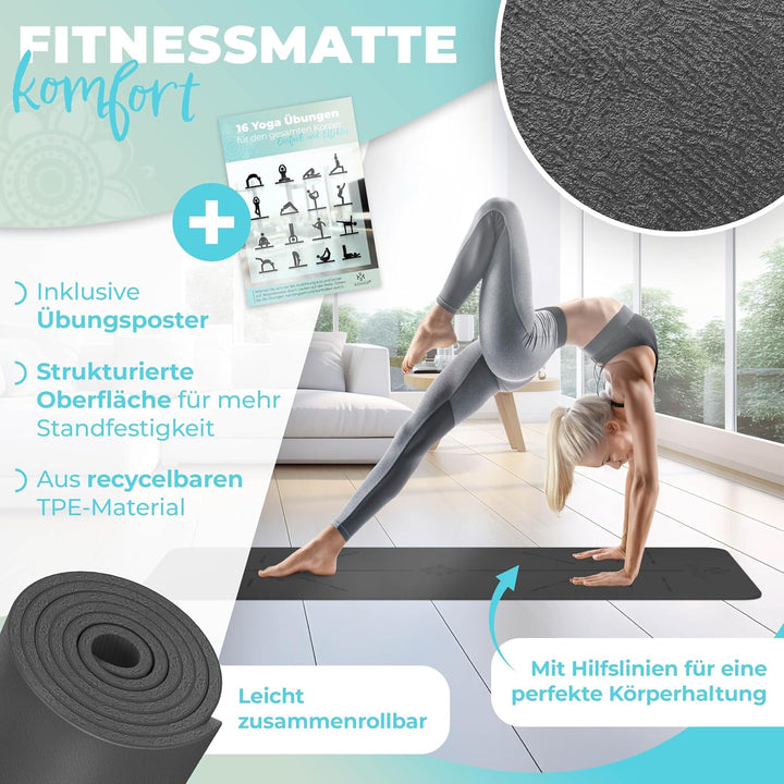 KESSER® Gymnastikmatte mit Tragegurt rutschfest TPE Yogamatte Gepolstert & rutschfest Fitnessmatte,