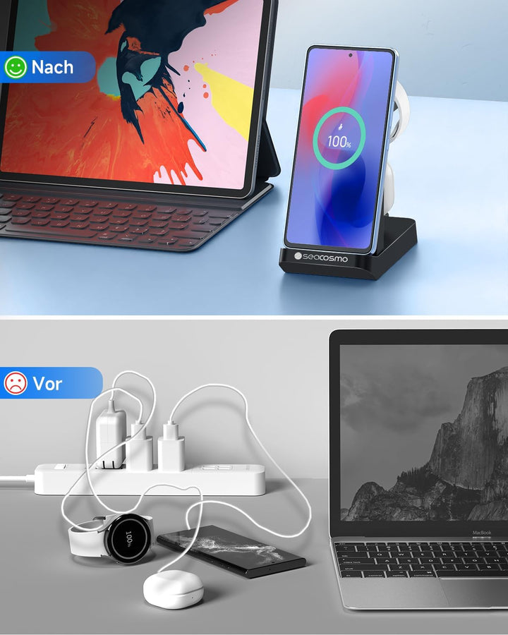 seacosmo 3 in 1 Ladestation, 18W Samsung Ladegerät handyhalterung für Galaxy Buds und Samsung A55/A5