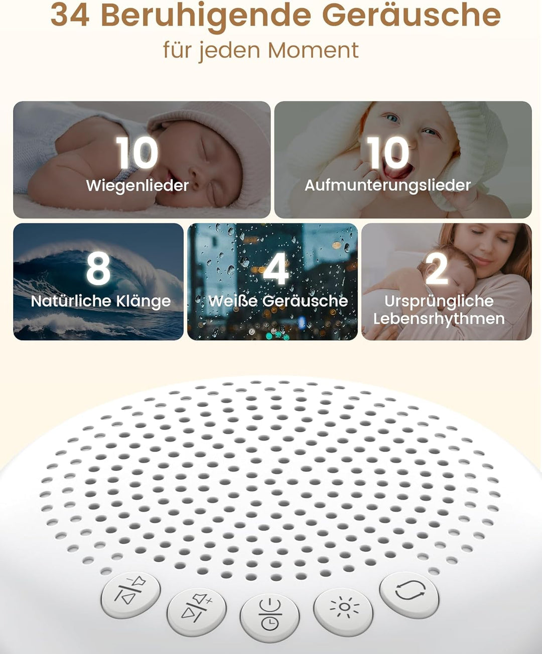 Glocusent White Noise Machine Baby mit Nachtlicht Dimmbar – 34 Klänge Weisses Rauschen Baby Tragbar,