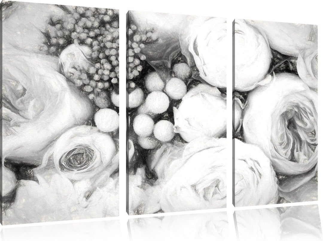 Pixxprint Rosa Rosen / 3-Teilig/Gesamtmass 120cm Leinwandbild bespannt auf Holzrahmen/Wandbild Kunst