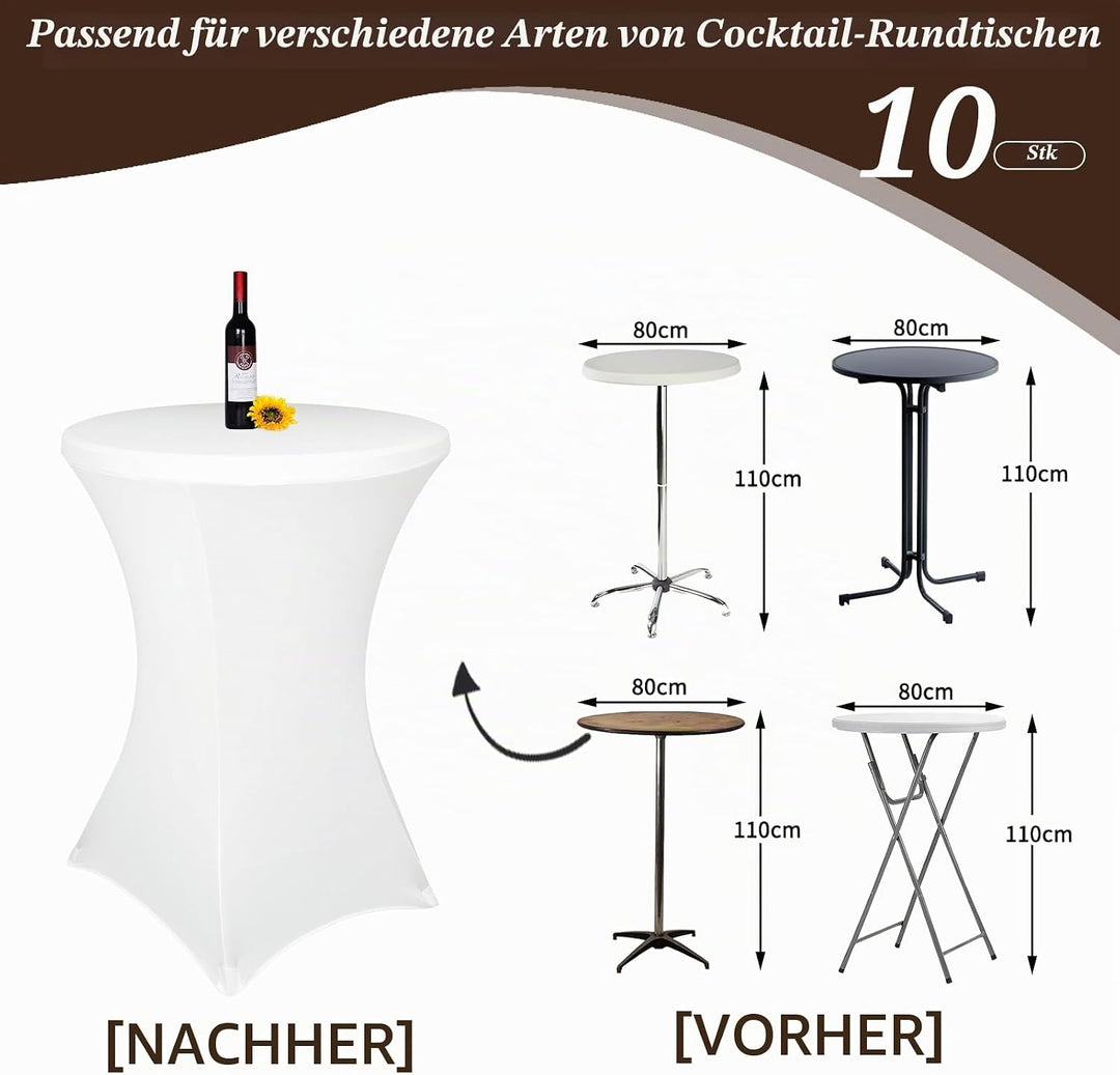 10er-Set Weiss Stretch Stehtisch Husse für Bistrotisch Ø 80-85 cm Spandex Stretch Tischdecke, Verstä