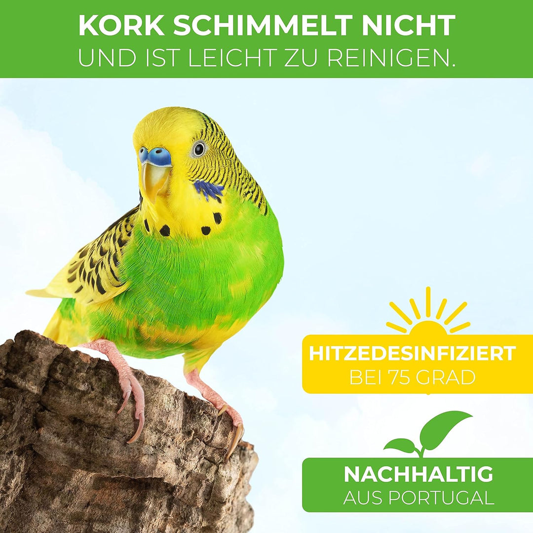 20 x 10cm plastikfrei - Korksitzbrett für Wellensittich + 2 Knabberkorken aus der Korkrinde hitzebeh