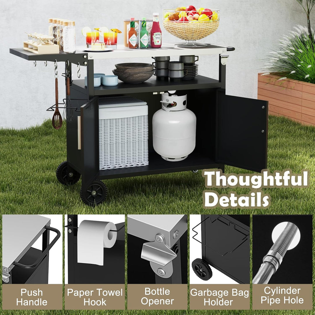 KOMFOTTEU Grillwagen mit Arbeitsplatte aus Edelstahl, Servierwagen mit klappbarer Tischplatte, Grill
