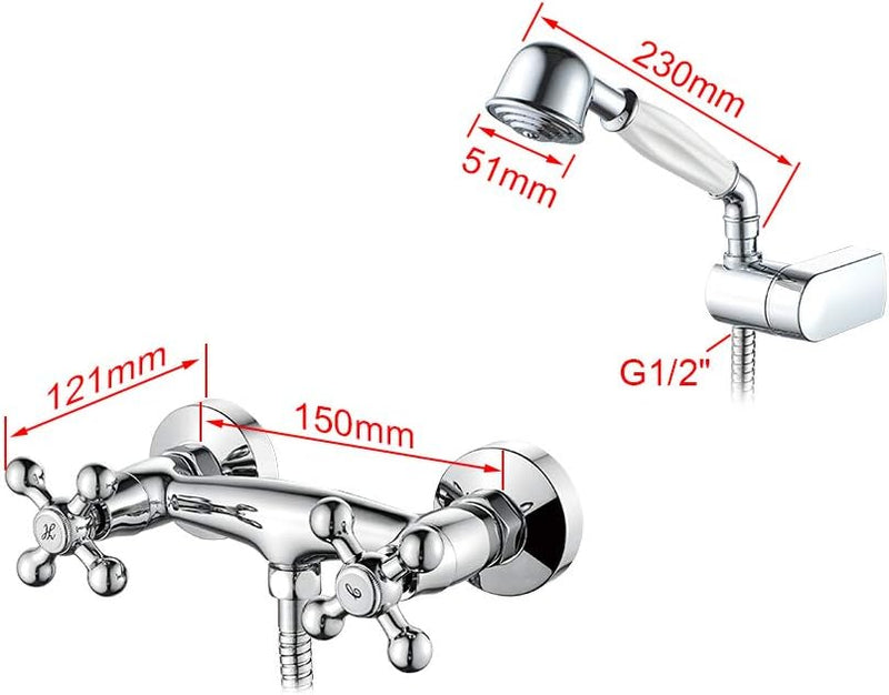 Ibergrif Lucca - Retro Doppelhebel Duscharmatur Set, Brausebatterie mit Duschkopf, Duschkopfhalter,