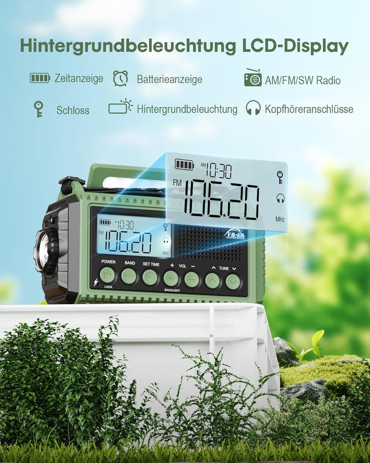 Roxicosly Kurbelradio Notfallradio AM/FM/SW Tragbares Solar Radio mit 12000mAh Akku, LCD Display,Tas