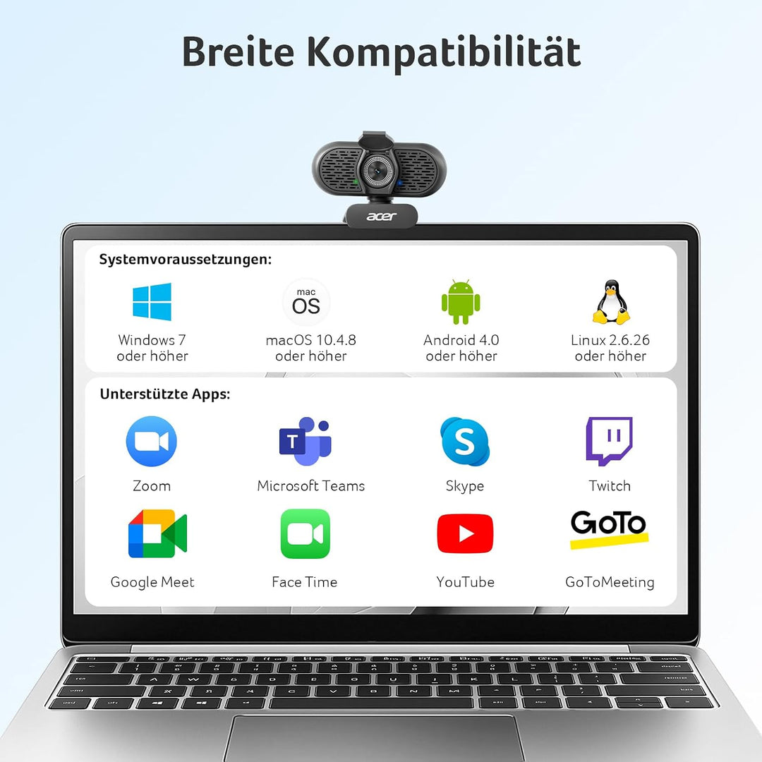 Acer A640 4K-Webcam mit Sony-Sensor, 2K/1080p@60fps, PDAF, Noise-Cancel-Mic, Privacy-Shutter, USB-A-