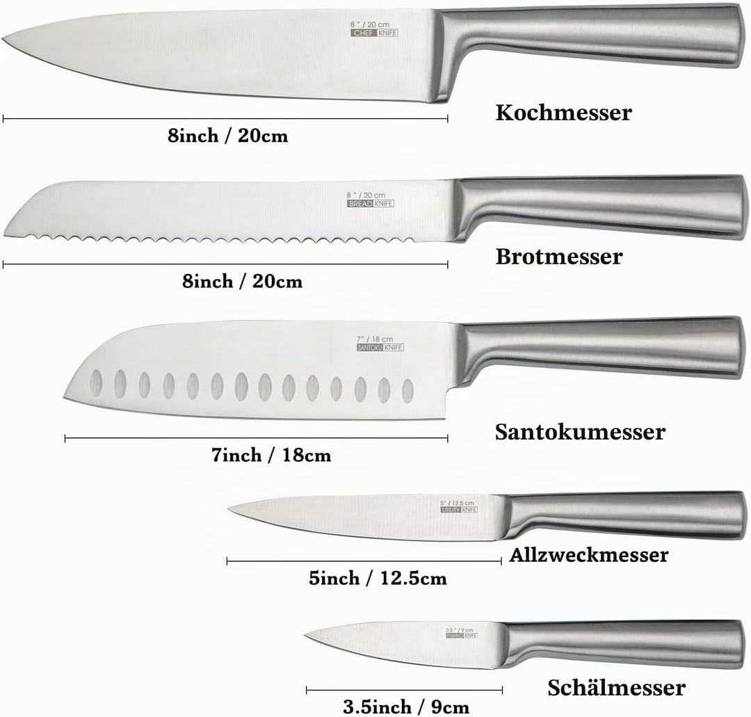 HUIKAILI Messer Set 5-TLG, Profi Küchenmesser Set aus Edelstahl, Scharfes, Rutschfester, Gefrosteter