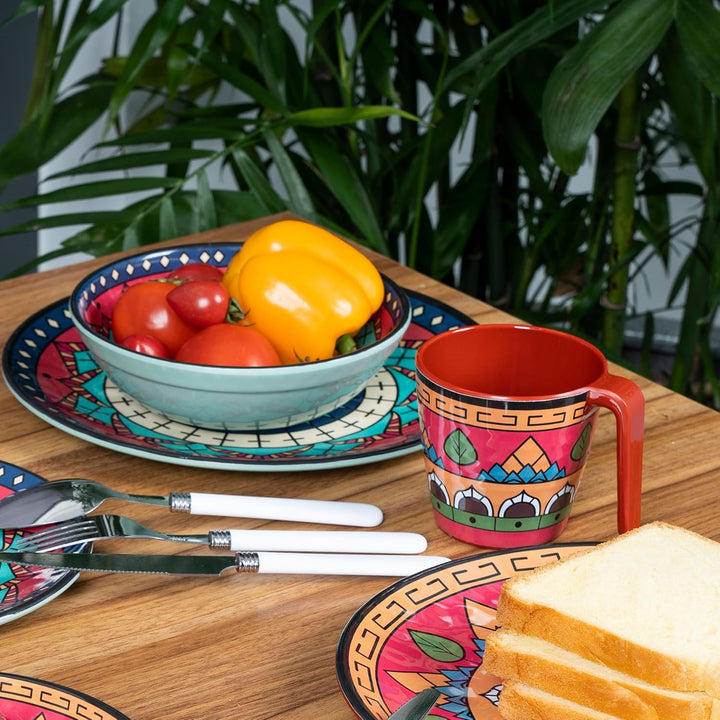 Melamin Geschirr Set Toskana Pastel für 4 Personen - BUNT - Mandala-Optik Spülmaschinengeeignet Essg
