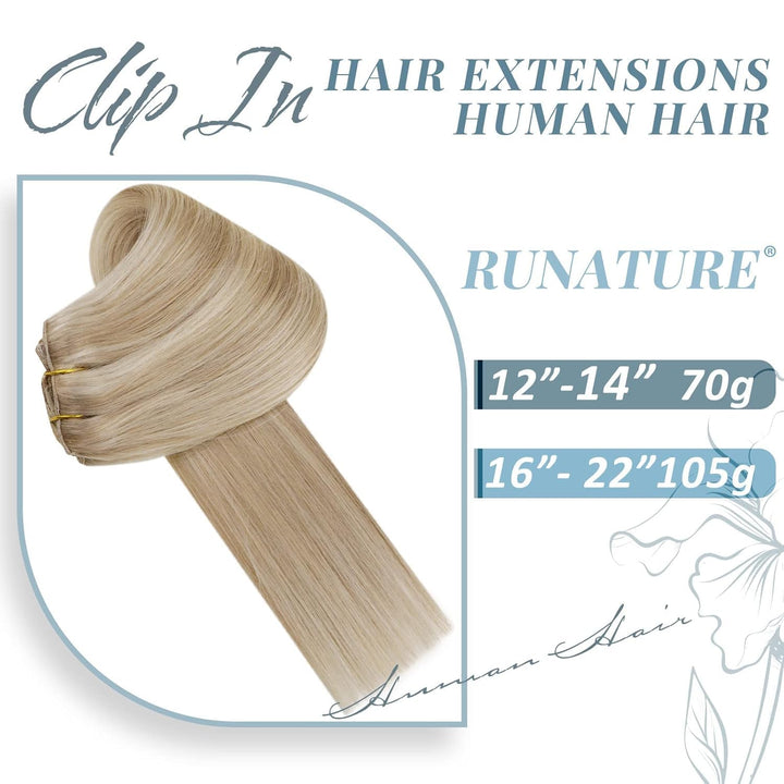 RUNATURE Extensions Echthaar Clip Blond Highlighted Remy Menschenhaar Clip in Echthaar Extensions Cl