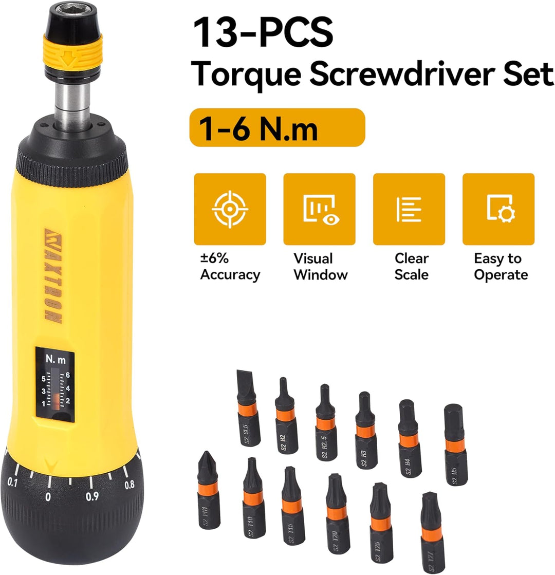 Drehmoment Schraubendreher 1/4 Zoll (6,3 mm), 1-6 Nm, Schnellwechselfutter, 13-tlg. Schraubendreher