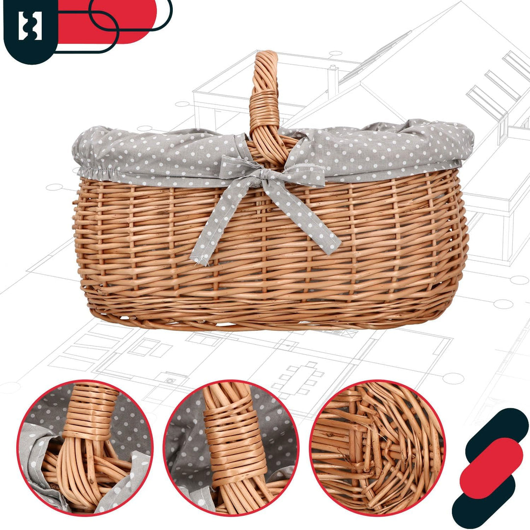 KOTARBAU® Picknickkorb Weidenkorb 47 cm Naturfarbe Einkaufskorb mit Grau Stoffeinsatz Osterkorb Gesc