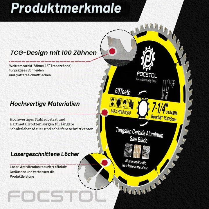 FOCSTOL Kreissägeblatt für Aluminium 184mm x 15,875mm - Sägeblatt 60 Zähne zum Schneiden von Nichtei